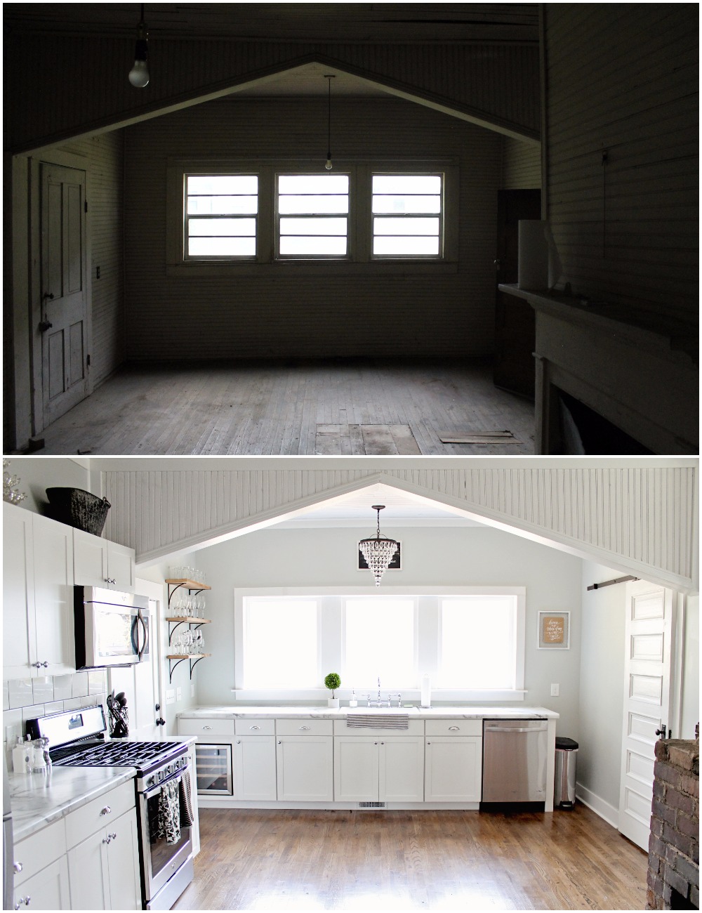 Elizabeth Burns Design  Budget-Friendly Fixer Upper Farmhouse Before and After House Flip - DIY Kitchen with Formica Marble Counter White Shaker Cabinets Barn Door - Sherwin Williams Silver Strand (1).jpg