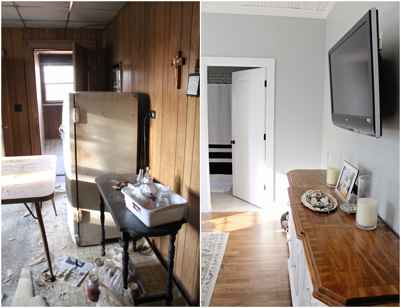 Elizabeth Burns Design Budget-Friendly Fixer Upper Farmhouse Before and After House Flip - DIY Master Bedroom with Faux Fireplace, Chimney, and Bed Under Windows - Sherwin Williams Magnetic Gray (8).jpg