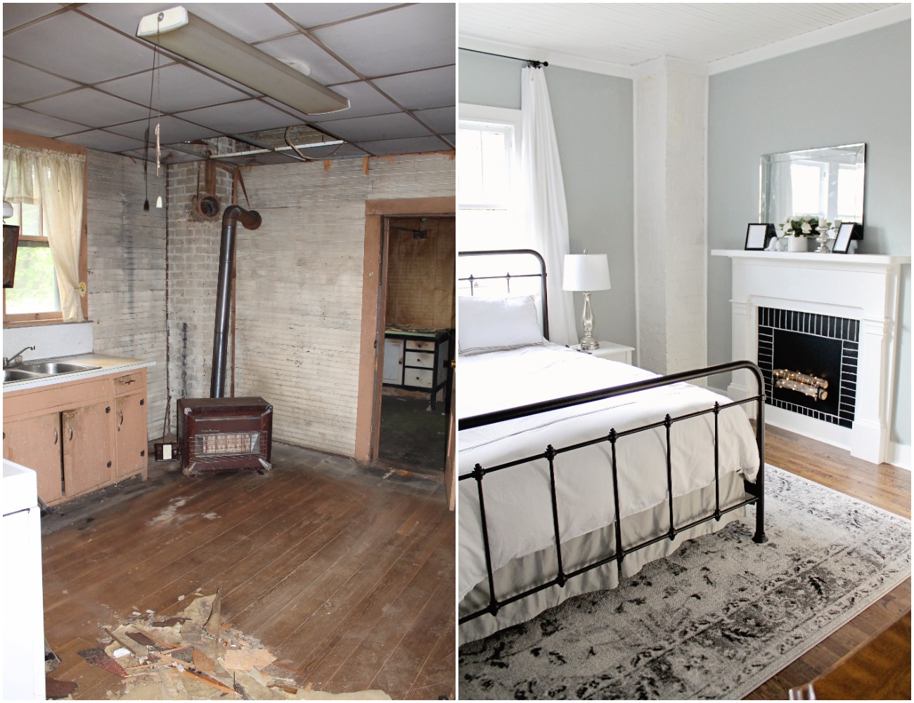 Elizabeth Burns Design  Budget-Friendly Fixer Upper Farmhouse Before and After House Flip - DIY Master Bedroom with Faux Fireplace, Chimney, and Bed Under Windows - Sherwin Williams Magnetic Gray (6).jpg