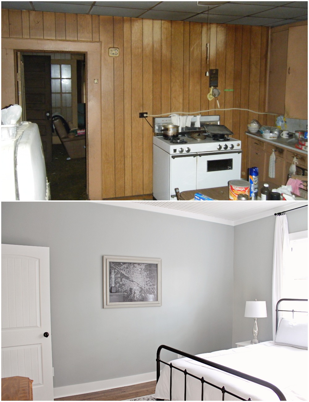 Elizabeth Burns Design  Budget-Friendly Fixer Upper Farmhouse Before and After House Flip - DIY Master Bedroom with Faux Fireplace, Chimney, and Bed Under Windows - Sherwin Williams Magnetic Gray (5).jpg