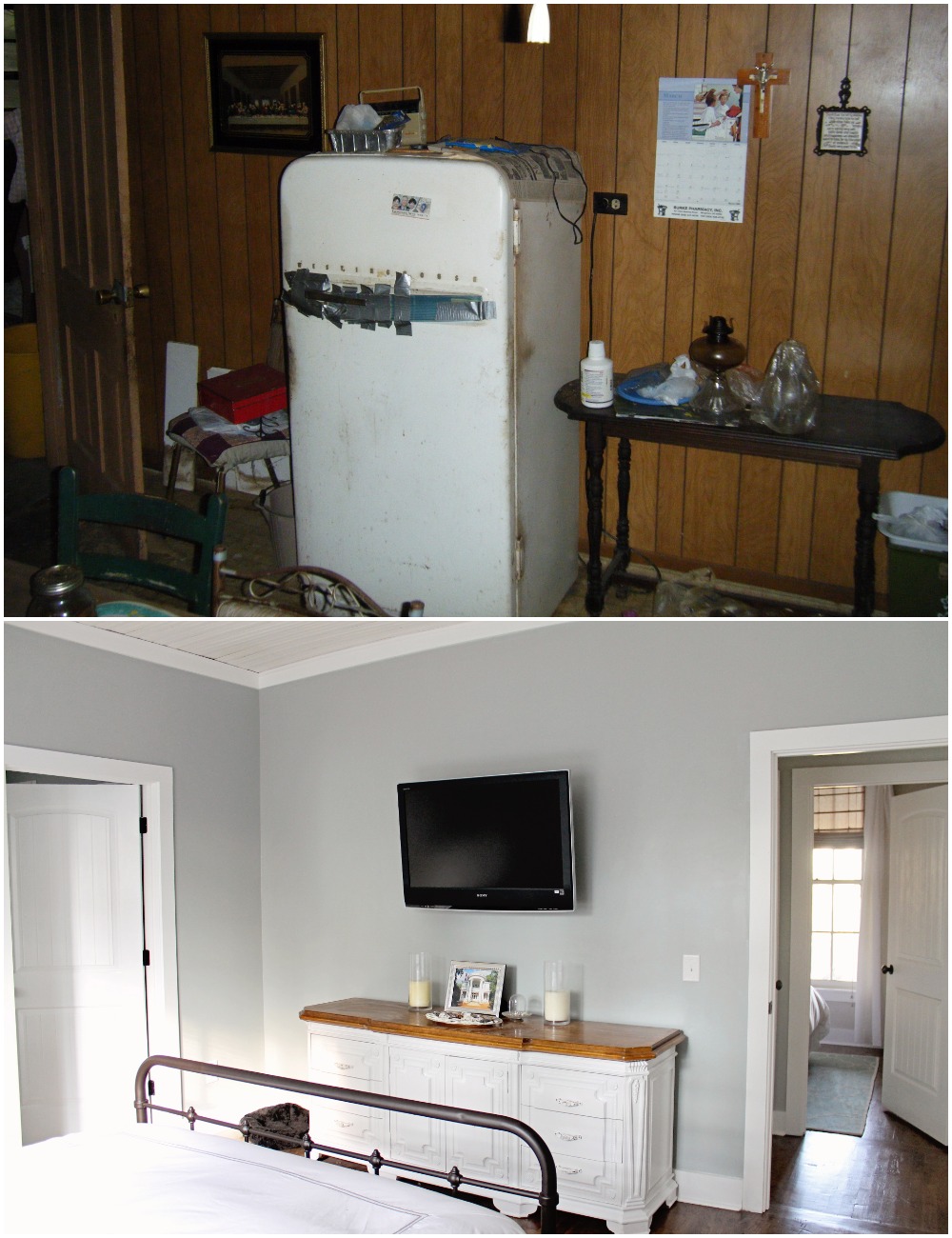 Elizabeth Burns Design Budget-Friendly Fixer Upper Farmhouse Before and After House Flip - DIY Master Bedroom with Faux Fireplace, Chimney, and Bed Under Windows - Sherwin Williams Magnetic Gray (3).jpg