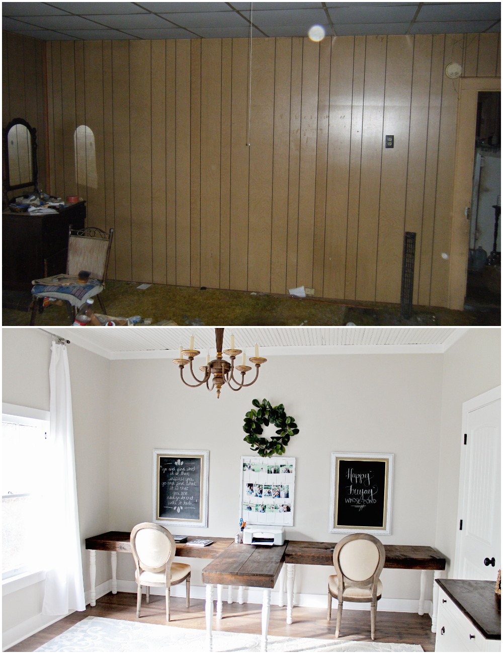 Elizabeth Burns Design Budget-Friendly Fixer Upper Farmhouse Before and After House Flip - DIY Office with Double Desk Shared Workspace and French Doors - Sherwin Williams Agreeable Gray (1).jpg