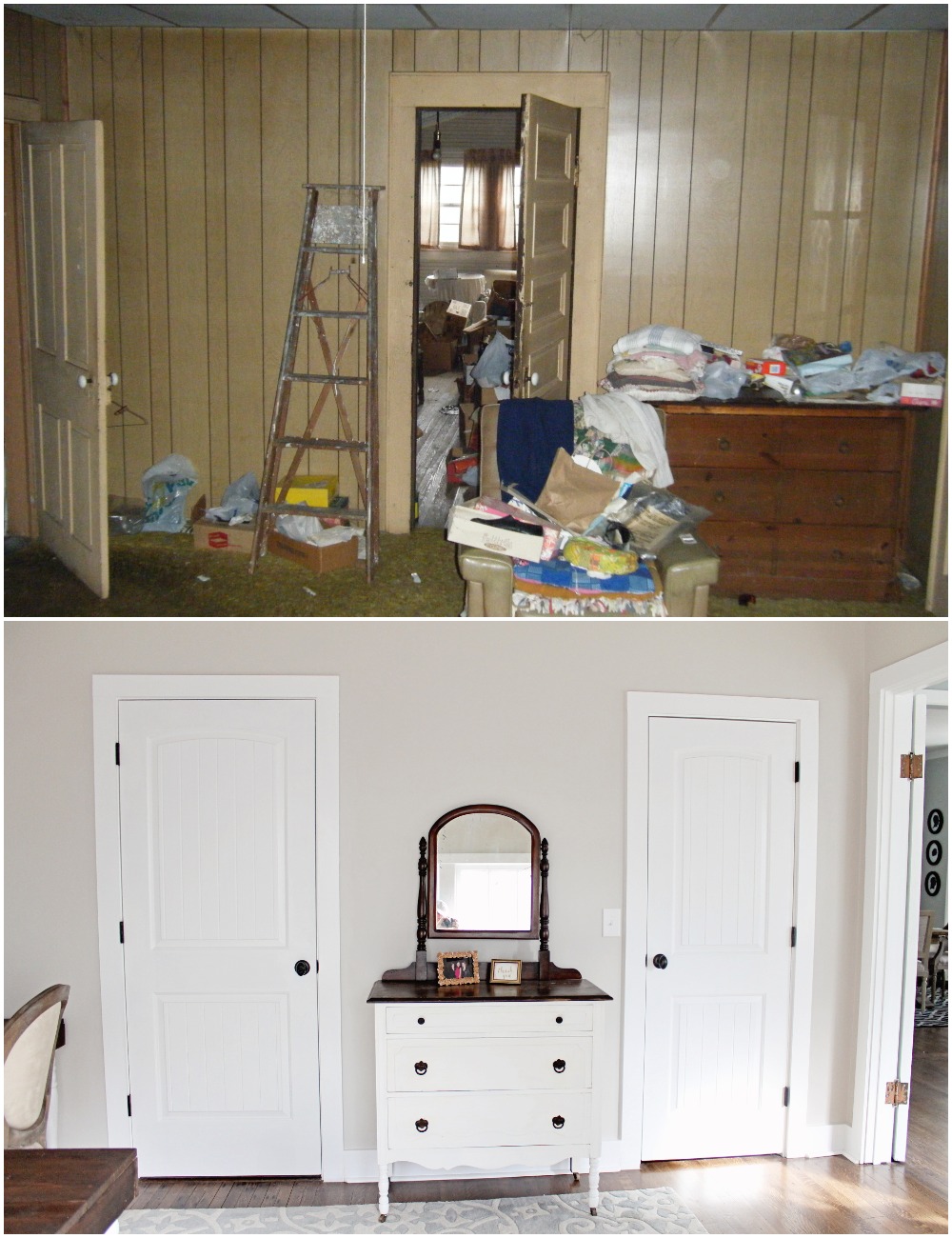 Elizabeth Burns Design  Budget-Friendly Fixer Upper Farmhouse Before and After House Flip - DIY Office with Double Desk Shared Workspace and French Doors - Sherwin Williams Agreeable Gray (2).jpg