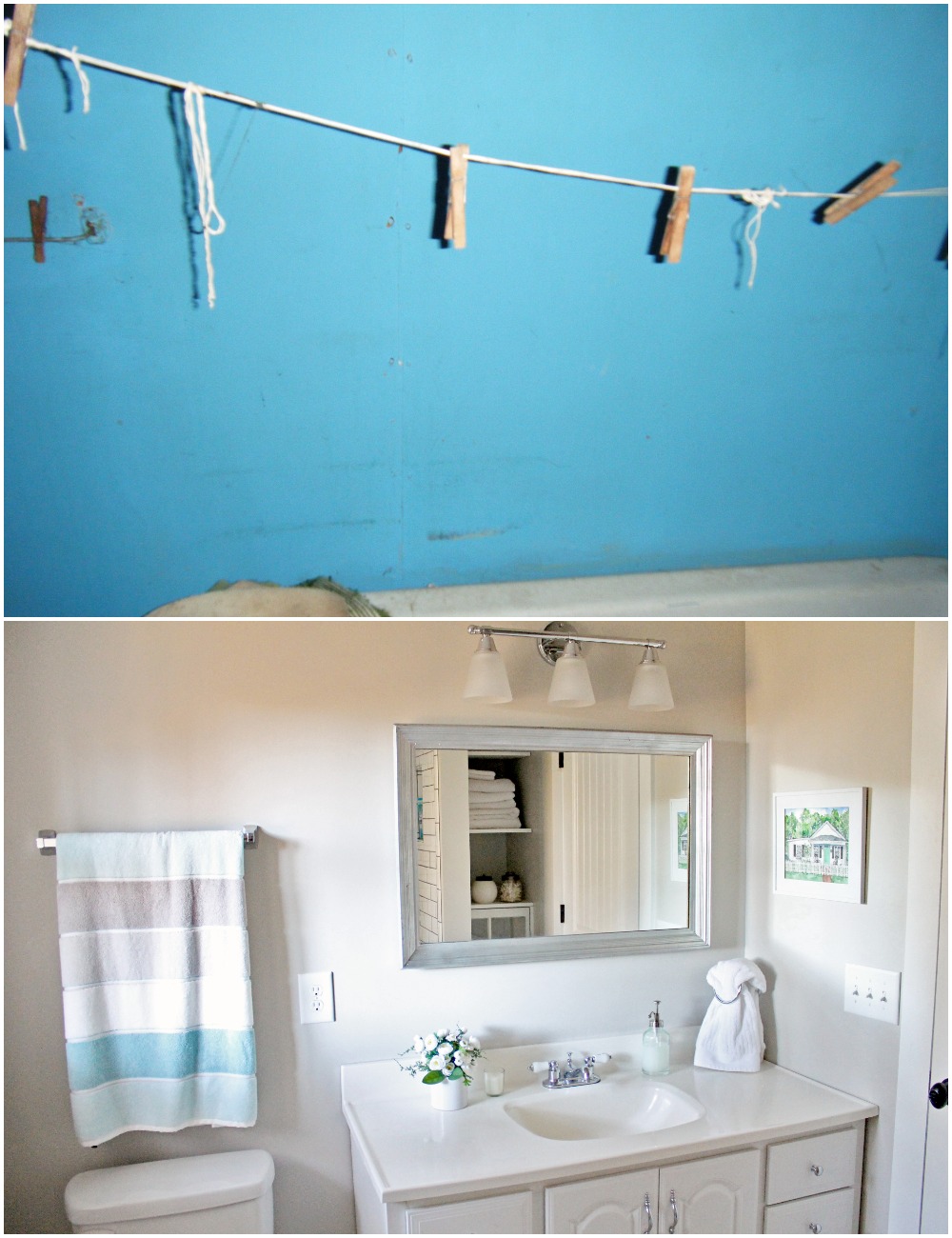 Elizabeth Burns Design Budget-Friendly Fixer Upper Farmhouse Before and After House Flip - DIY Small Bathroom with Storage and Subway Tile - Sherwin Williams Agreeable Gray (2).jpg