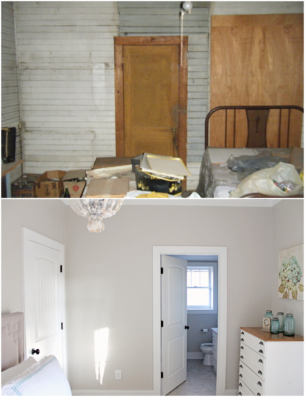 Elizabeth Burns Design  Budget-Friendly Fixer Upper Farmhouse Before and After House Flip - DIY Guest Bedroom with Aqua Accents - Sherwin Williams Agreeable Gray (5).jpg