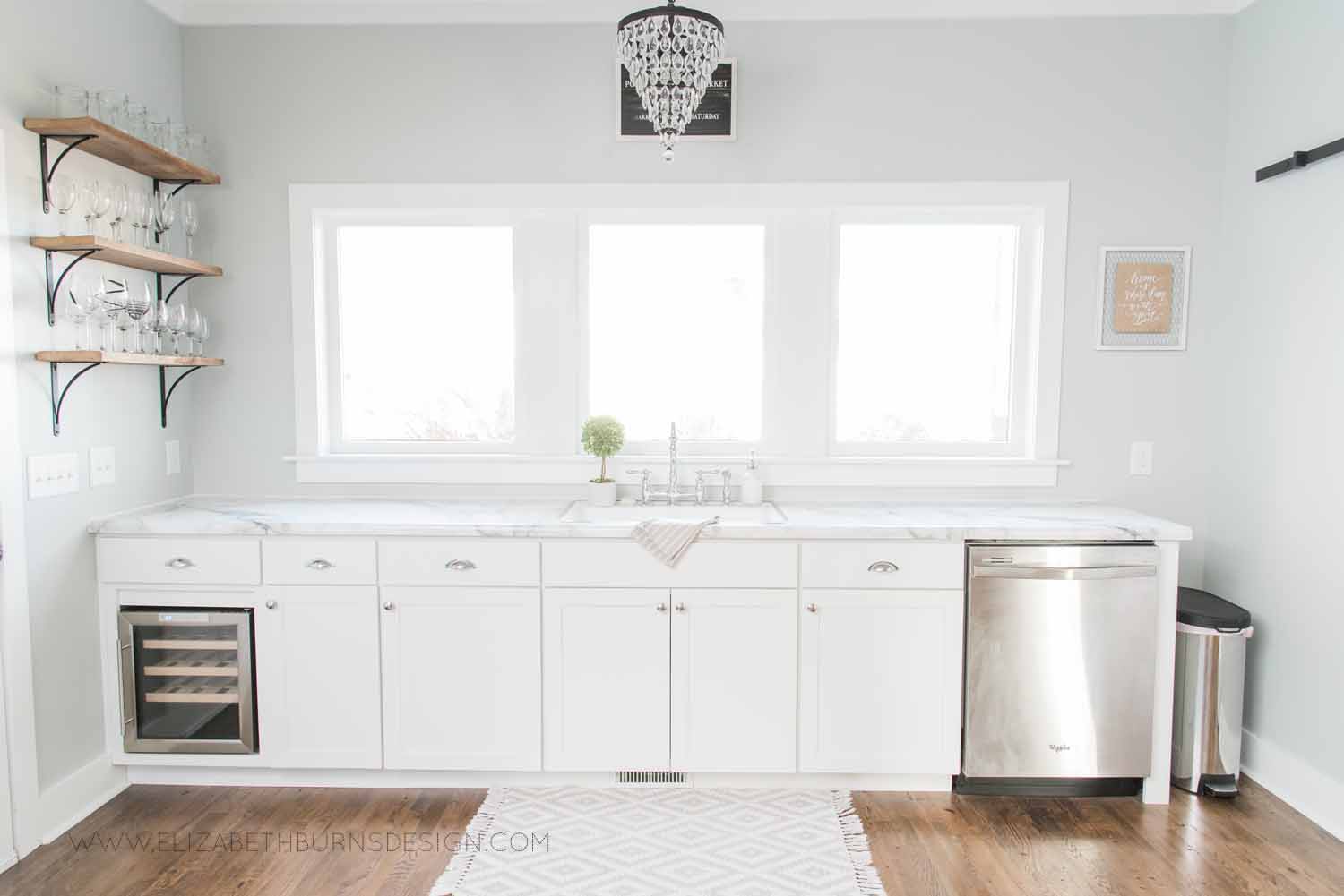 Elizabeth Burns Design Raleigh Interior Designer  Farmhouse Fixer Upper Cottage Renovation, Sherwin Williams Silver Strand SW 7057 White Shaker Cabinets Formica Marble Counters Kitchen (5).jpg