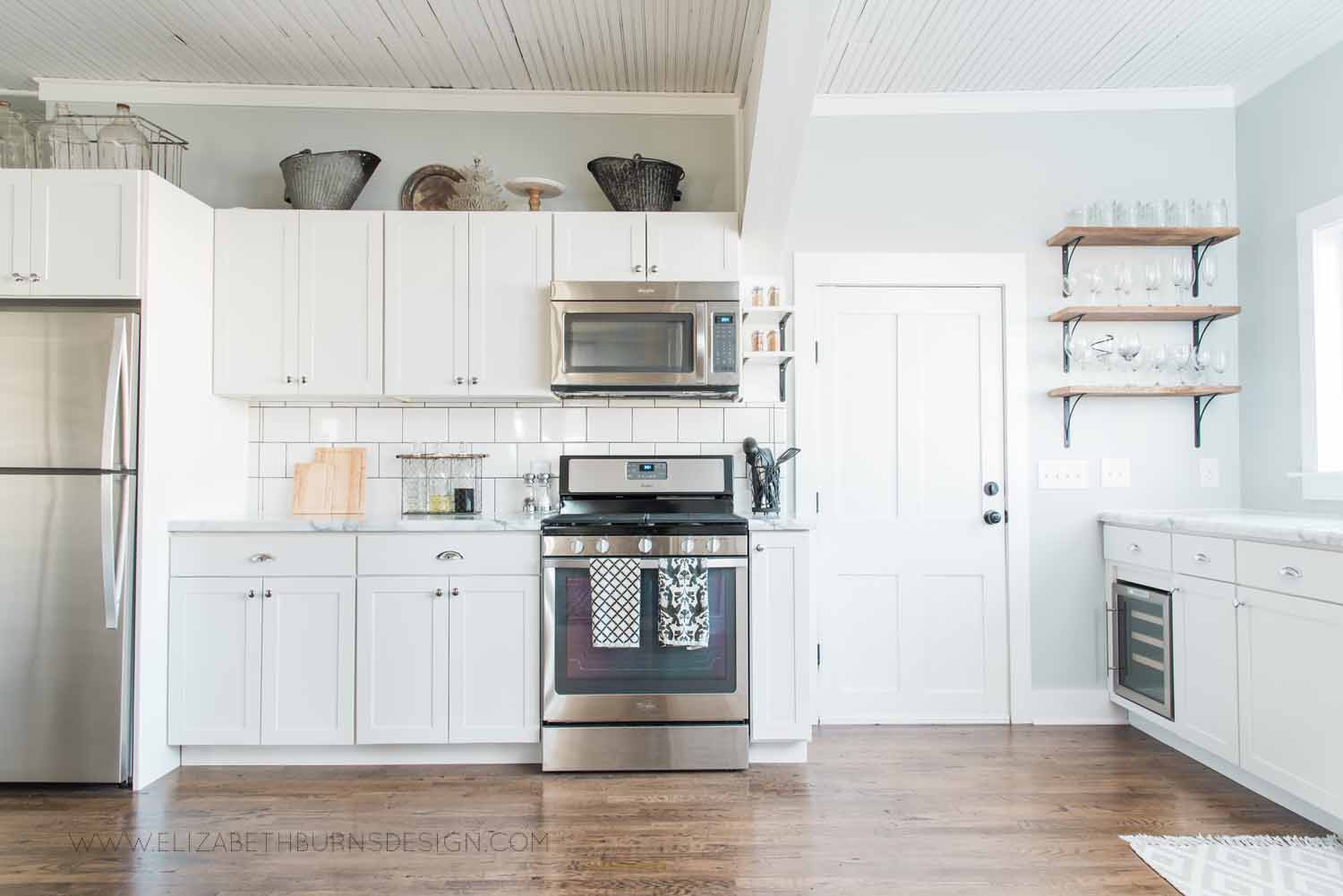 Elizabeth Burns Design Raleigh Interior Designer  Farmhouse Fixer Upper Cottage Renovation, Sherwin Williams Silver Strand SW 7057 White Shaker Cabinets Formica Marble Counters Kitchen (3).jpg