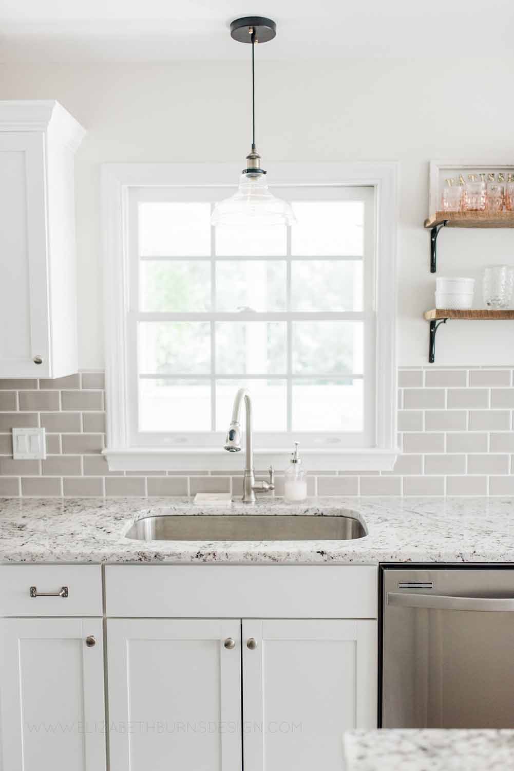 Elizabeth Burns Design Raleigh Interior Designer 1990s house remodel before and after Benjamin Moore Classic Gray 1548 Arcadia White Shaker Cabinets Gray Subway Tile Backsplash (6).jpg