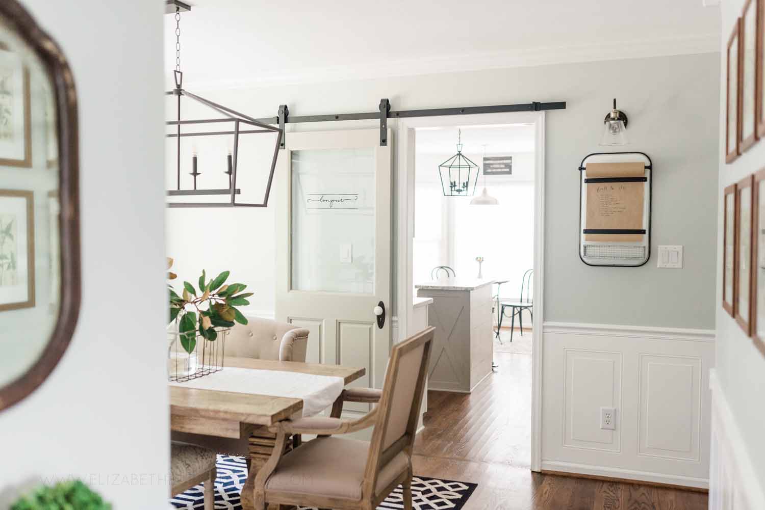 Elizabeth Burns Design Raleigh Interior Designer 1990s house remodel before and after Sherwin Williams Silver Strand SW 7057 Farmhouse Dining Room Barn Door Budget Renovation (4).jpg