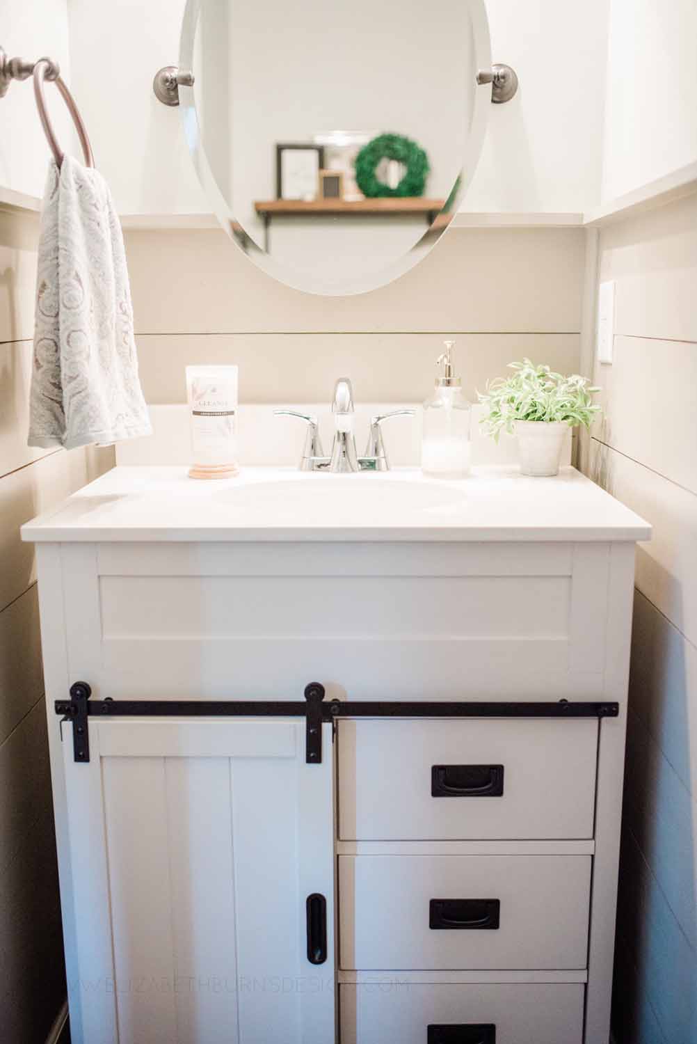 Elizabeth Burns Design Raleigh Interior Designer 1990s house remodel before and after Sherwin Williams Silver Strand SW 7057 Farmhouse Powder Room Dorian Gray Shiplap (2).jpg