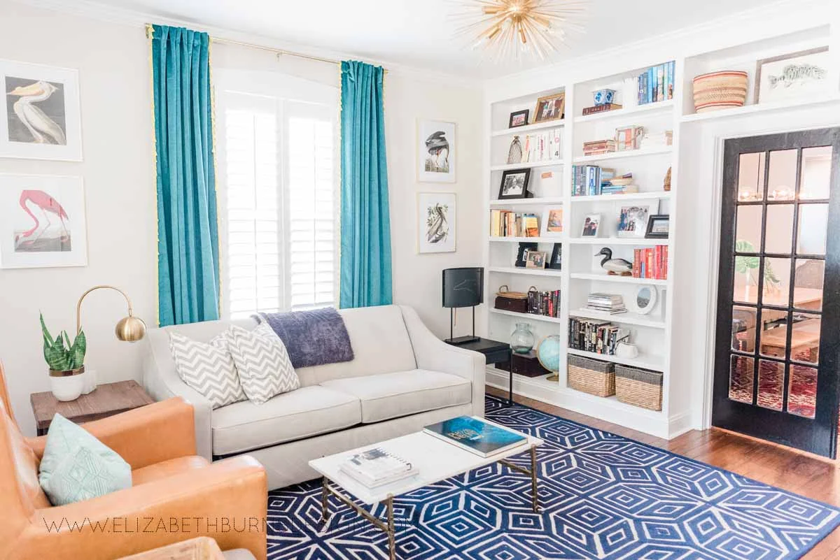 Elizabeth Burns Raleigh Interior Designer Modern Living Room Sputnik Chandelier Built-in Shelves Old House Pine Floors (38).jpg