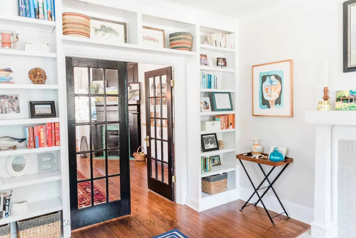 Elizabeth Burns Raleigh Interior Designer Modern Living Room Sputnik Chandelier Built-in Shelves Old House Pine Floors (43).jpg
