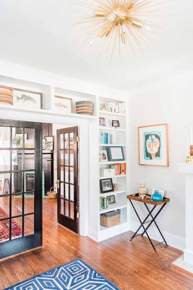 Elizabeth Burns Raleigh Interior Designer Modern Living Room Sputnik Chandelier Built-in Shelves Old House Pine Floors (42).jpg