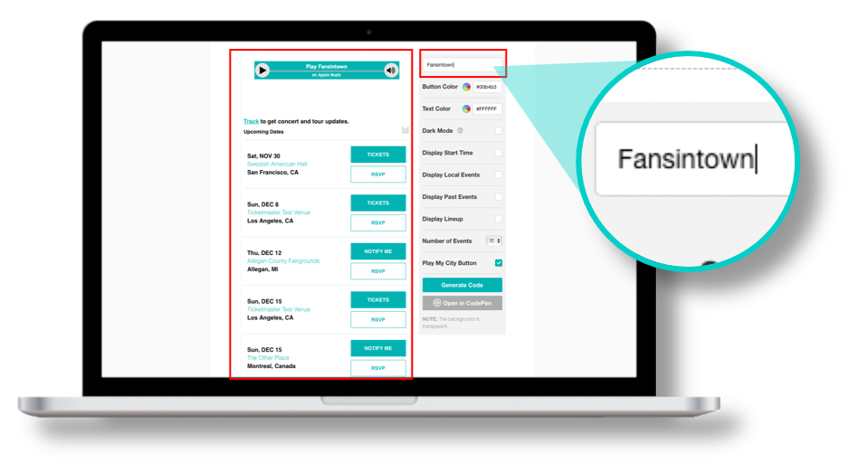 Type your artist name or your artist ID in the input field in the section below. The Events Widget preview will automatically load your artist's events, if any.