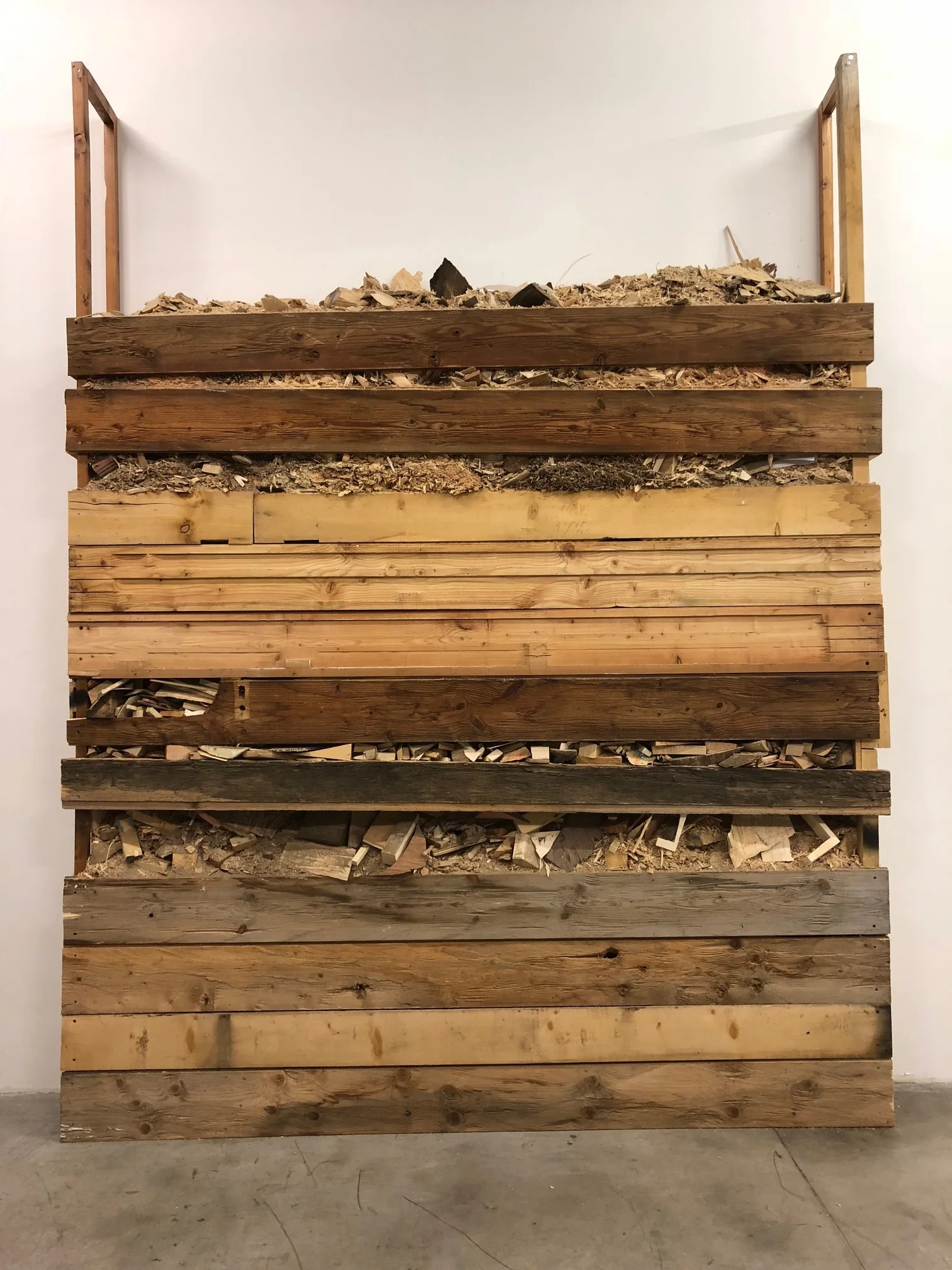 Finbar Ward, Shed / Shed (Aron), 2018, reclaimed timber, waste material from the studios of Aron Demetz, Arnold Holzknecht and Walter Moroder screws, 330 x 255 x 36 cm
