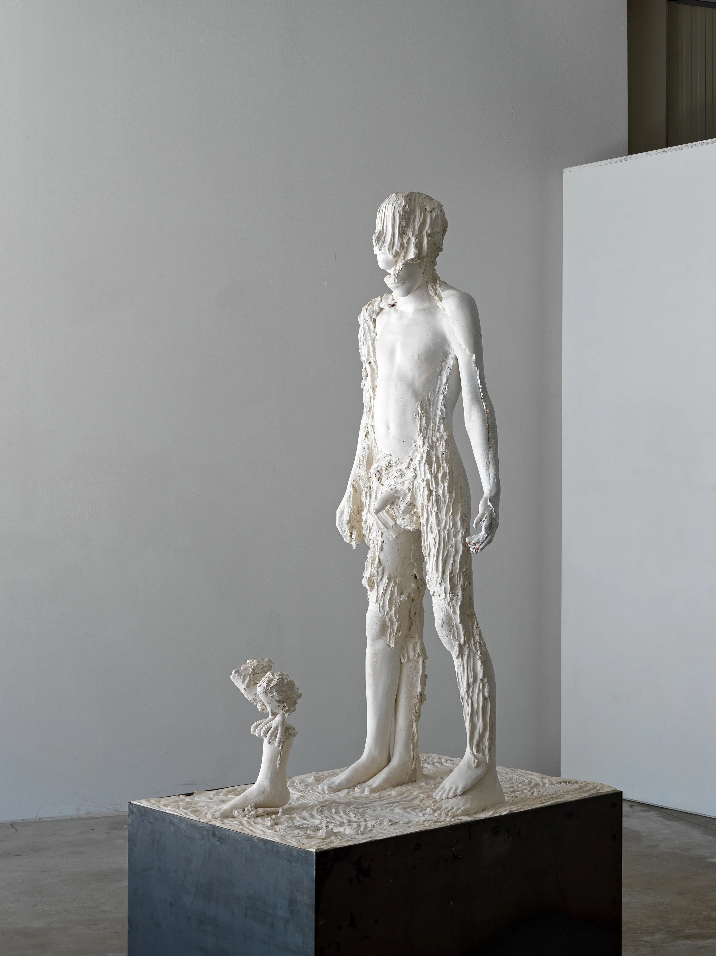 Aron Demetz , untitled , 2018, plaster, iron, 240 x 80 x 117 cm