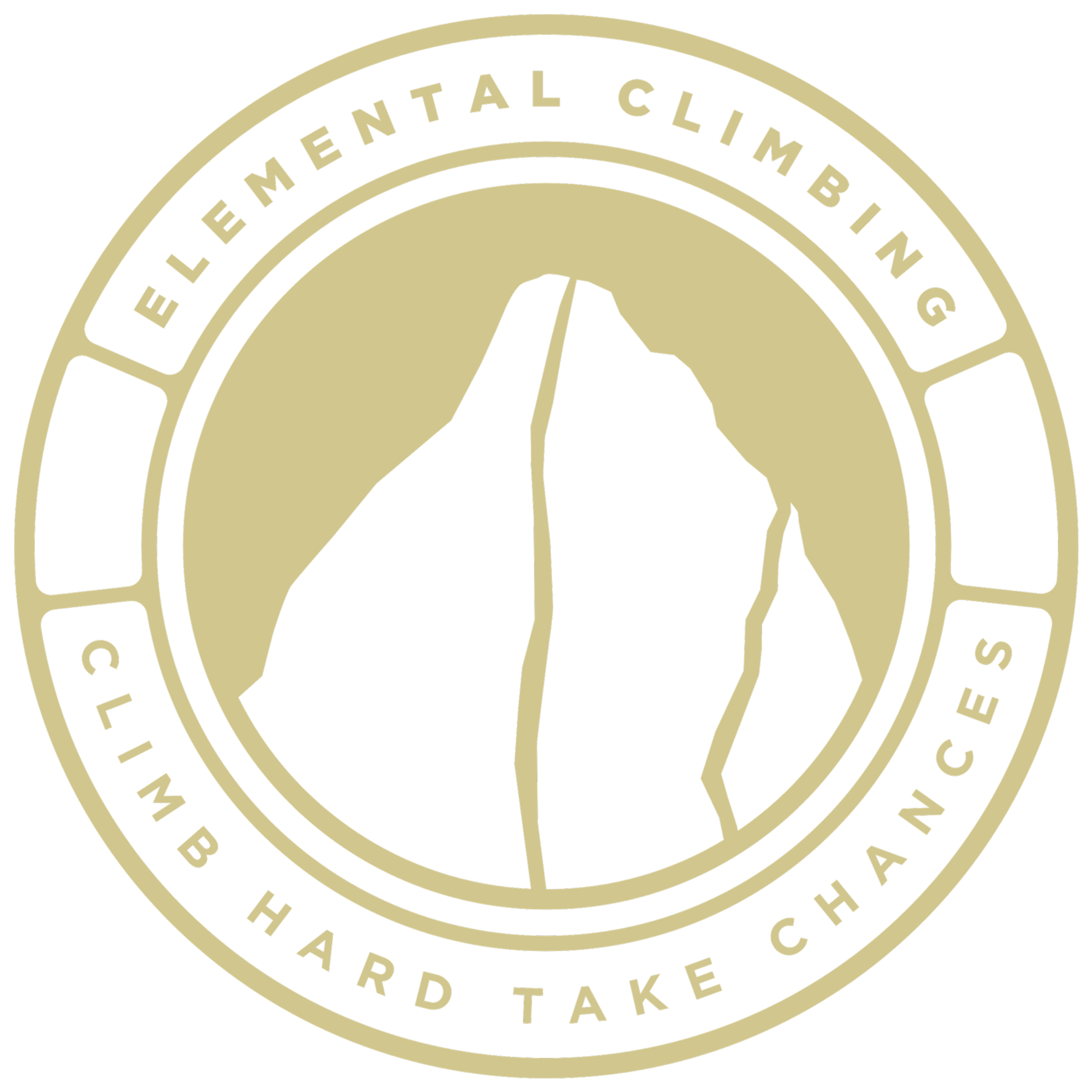 Circular logo for Yellowstone Climbing with a mountain and a cracking cliff in black and beige colors.