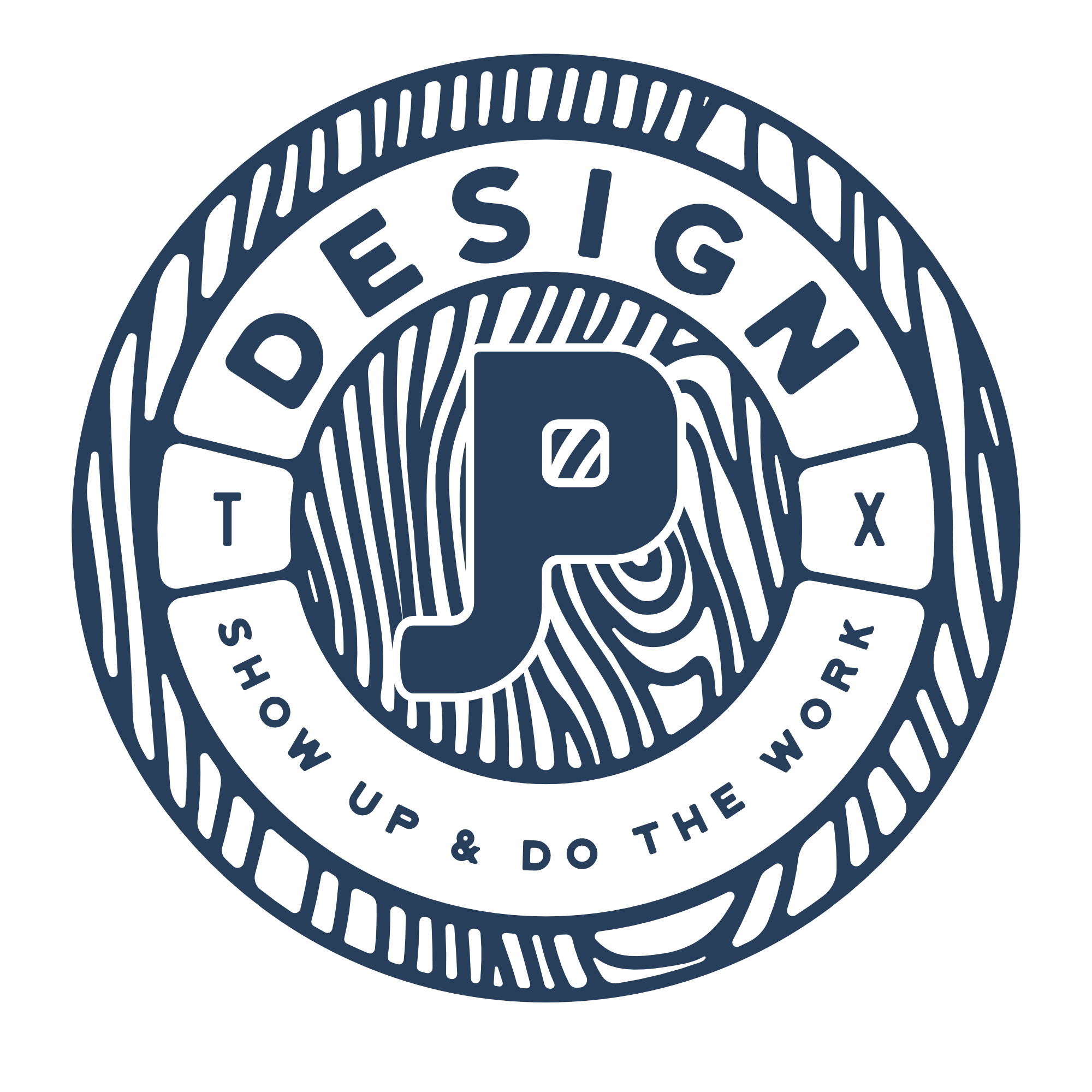 Logo for JP Designs featuring large letters JP in the center, surrounded by a circle with the words 'Design' and the tagline 'Show Up & Do The Work'.