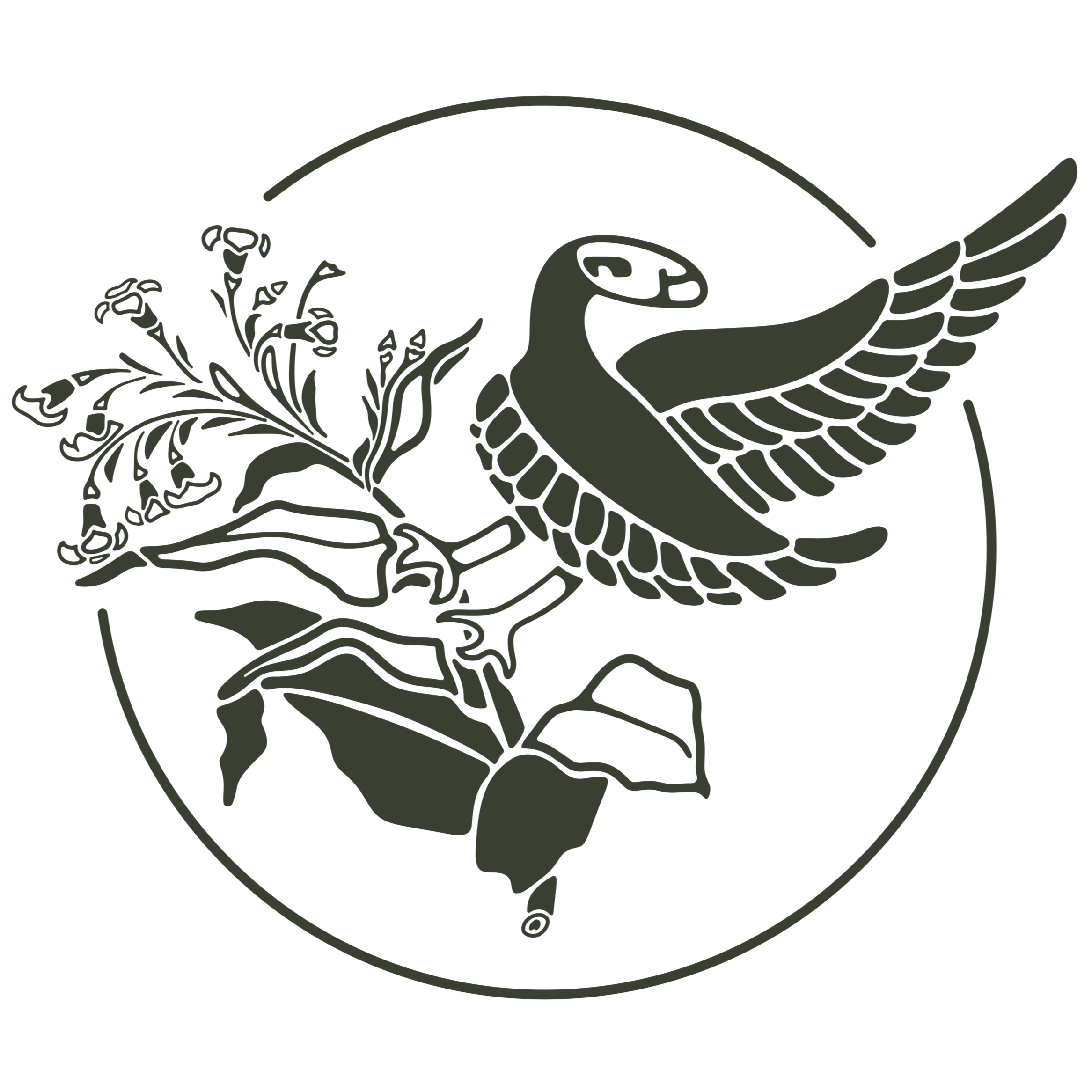 Design of a bird perched on a branch with leaves, illustration in a dark monochrome style.