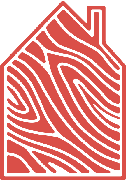 Red house-shaped outline filled with a wood pattern in black.