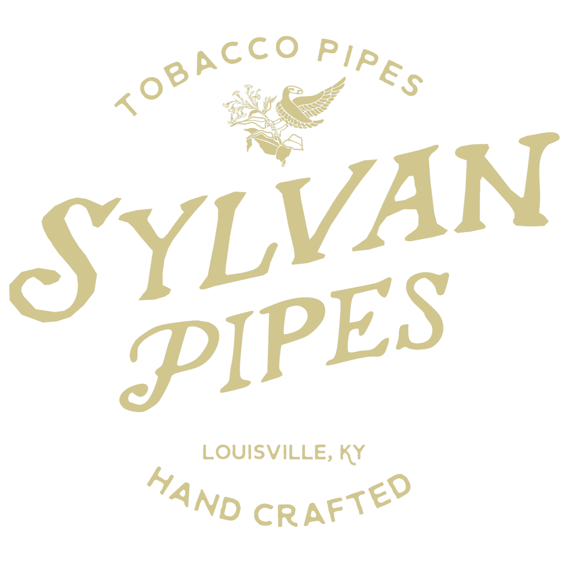 Logo for Sylvan Pipes, a Louisville, Kentucky-based handcrafted pipe company, featuring the brand name in stylized text and an illustration of a bird with a branch.
