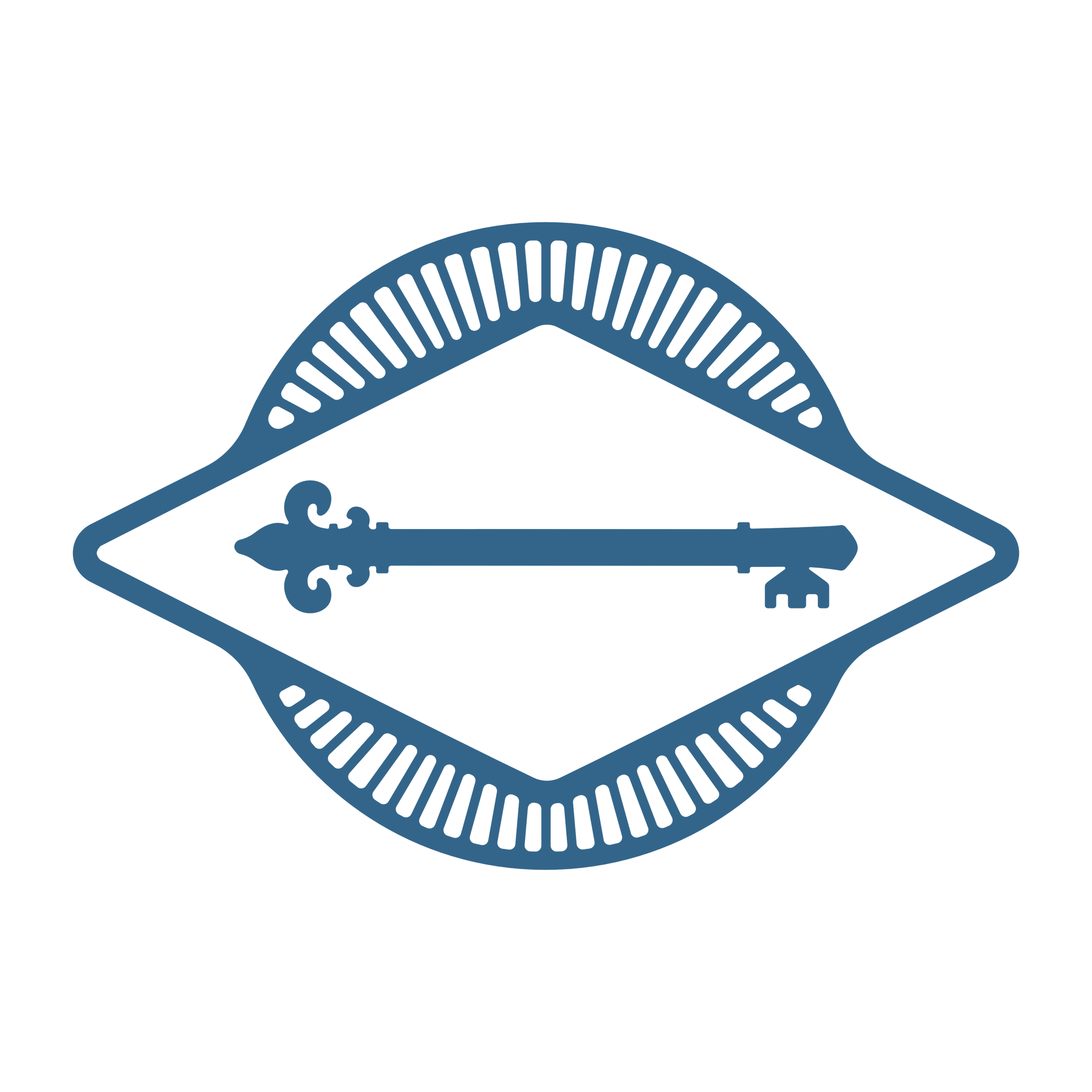 Stylized illustration of a key inside a diamond shape, with a circular border with lines, on a black background.