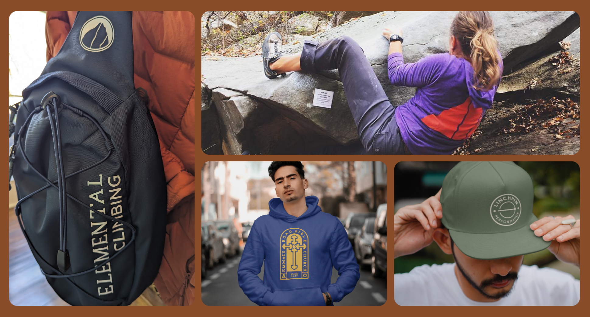 Collage of outdoor adventure and streetwear scenes. Features a black backpack with gray accents and the words 'ELEMENTAL CLIMBING' on it, a woman rock climbing on a large outdoor boulder with a purple and orange jacket, a young man with dark hair wearing a blue hoodie with a religious symbol, and a man adjusting a green cap with a circular logo, outdoors with green trees and city street backgrounds.
