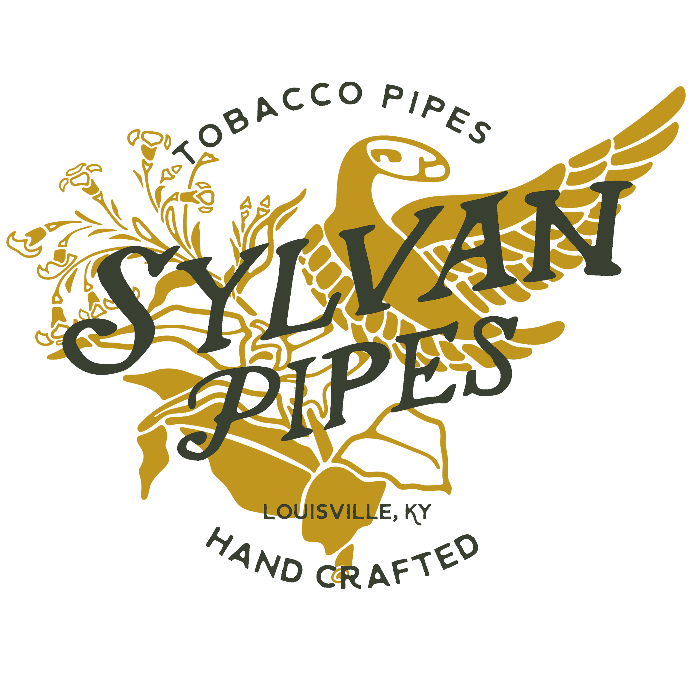A logo for Sylvan Pipes, featuring a stylized yellow bird with outstretched wings, an tobacco branch, and text: 'Tobacco Pipes', 'Sylvan Pipes', 'Louisville, KY', and 'Hand Crafted'.
