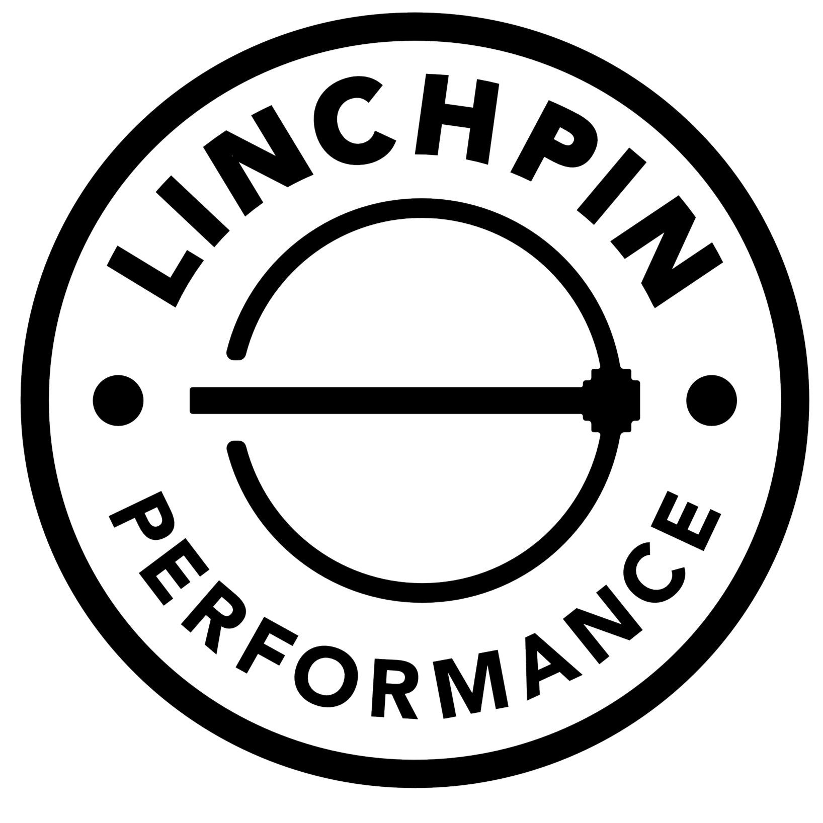 A circular logo with the words "Linchpin Performance" around the edge and a gauge in the center showing a high level.