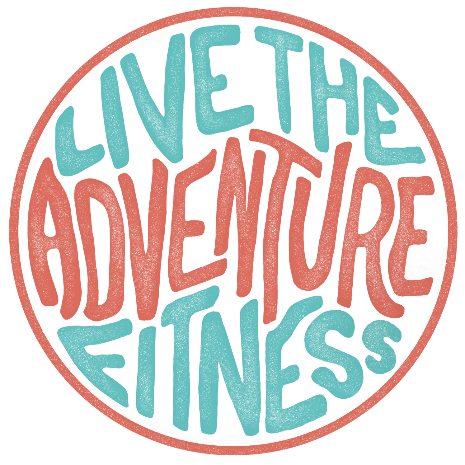 A circular icon with the phrase "Live the Adventure, Fitness" written in stylized bold letters, with "Live the" and "Fitness" in light blue and "Adventure" in pink.