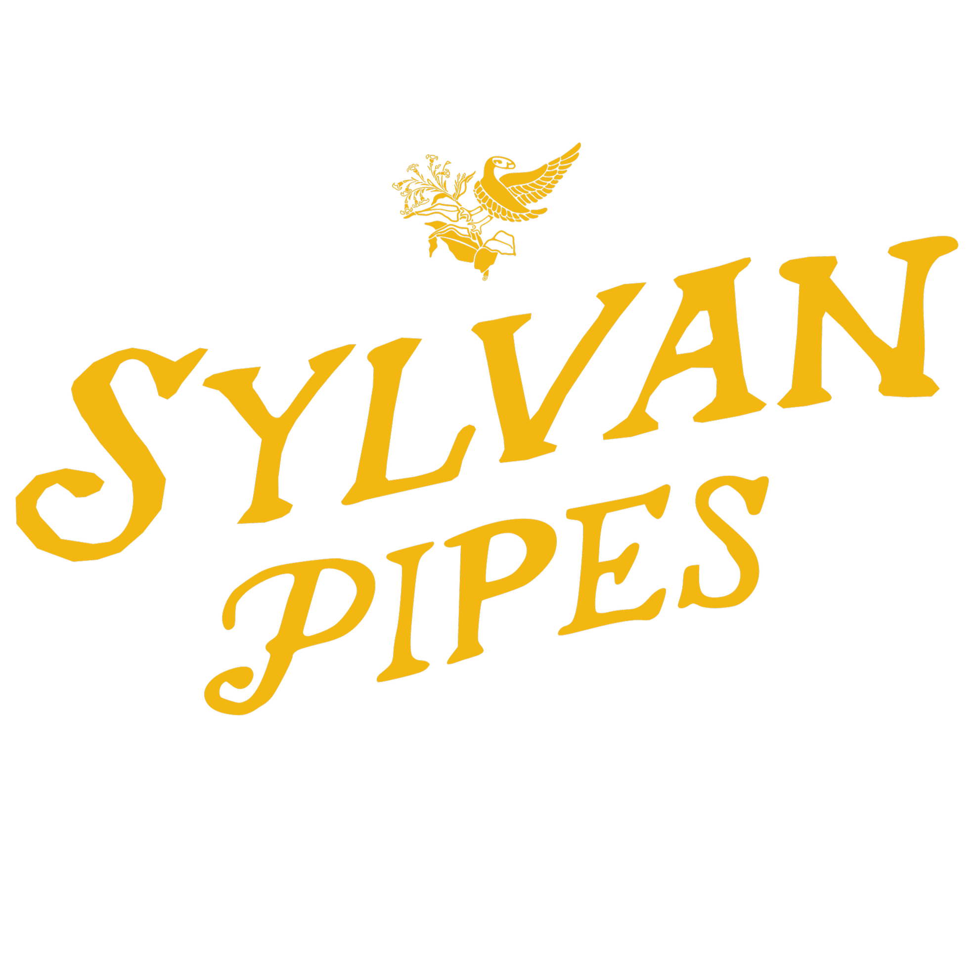 Sylvan Pipes logo with yellow text on black background and a small bird with a branch above the text