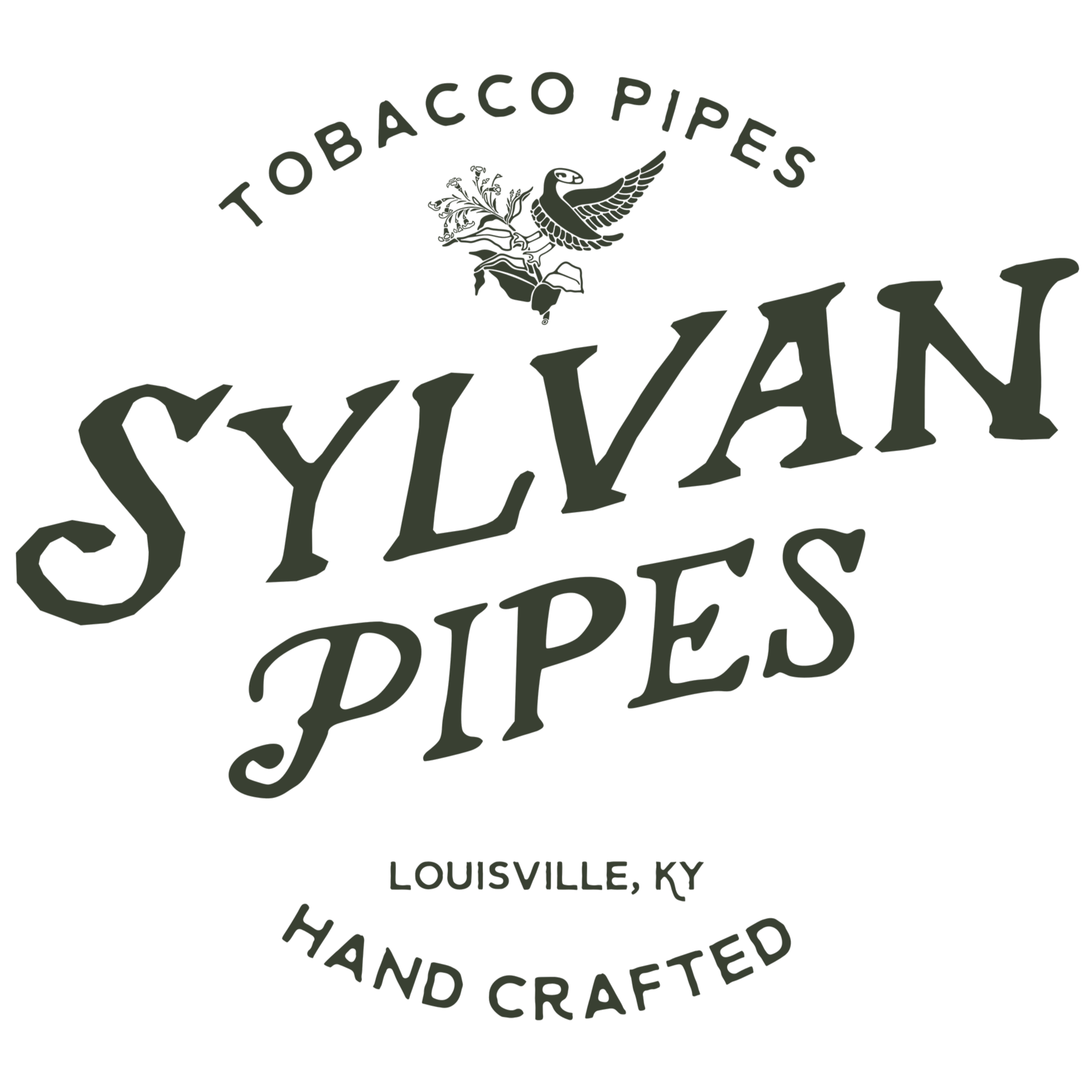 Logo for Sylvan Pipes, a Louisville, KY handmade tobacco pipe brand, featuring the brand name and a graphic of a bird perched on a branch.