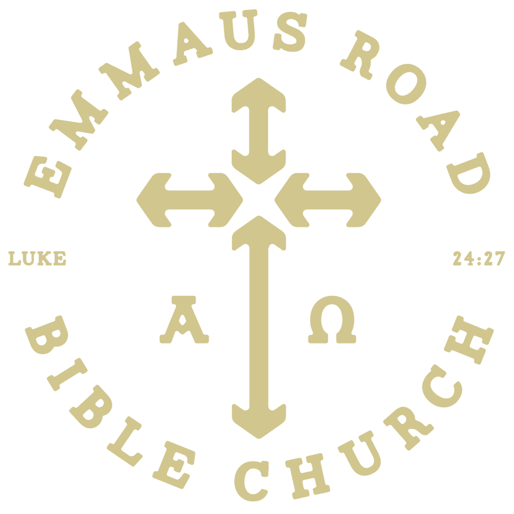 A black circular emblem with beige text and symbols for an Elim Bible Church. At the center, four beige arrows form a cross, pointing up, down, left, and right. Surrounding the cross are the words 'ELIM AUSTRAL' at the top and 'BIBLE CHURCH' at the bottom. The left side shows 'LUKE' and the right side shows '24:27'.