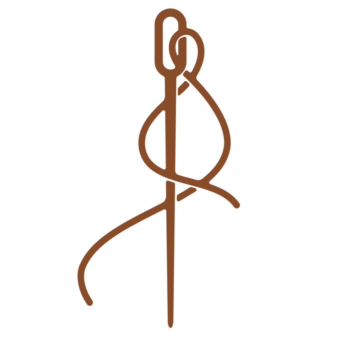 Line drawing of a sewing needle with a thread passing through its eye, depicted in brown.