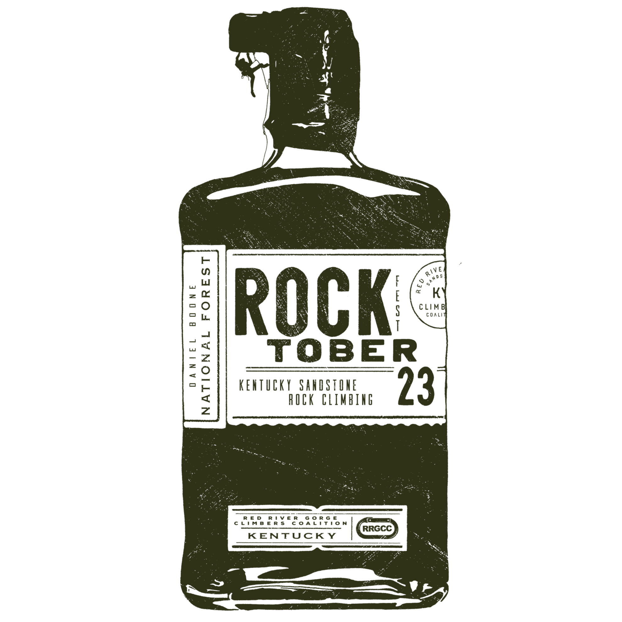 A bottle of Knob Creek Bourbon with a label reading 'Rock Tober Fest 23' and featuring text about Kentucky sandstone and limestone climbing, associated with Daniel Boone National Forest. The logo for Rocktoberfest 2023.
