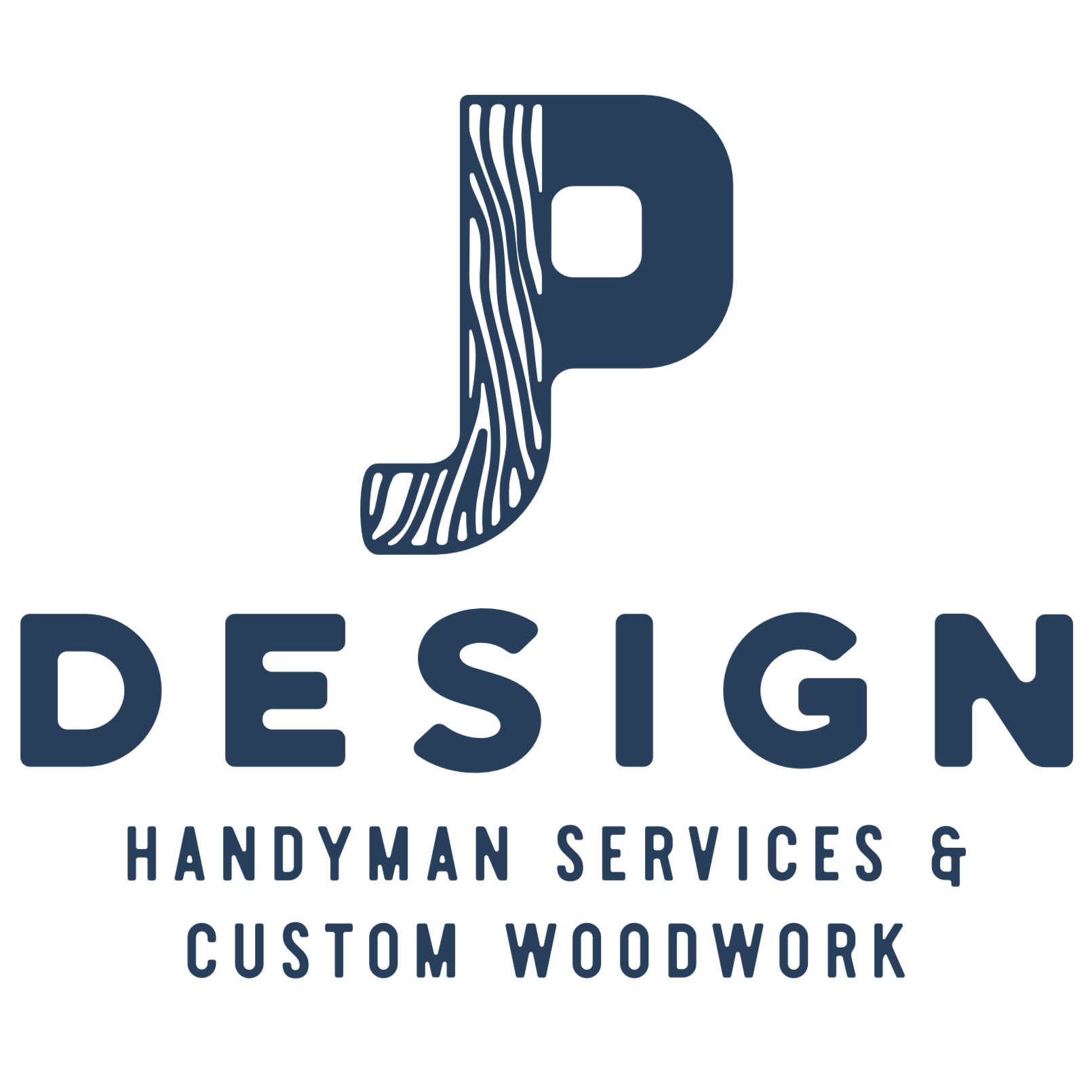 Logo for JP Design Handyman Services and Custom Woodwork, featuring stylized letters JP with a woodgrain pattern.