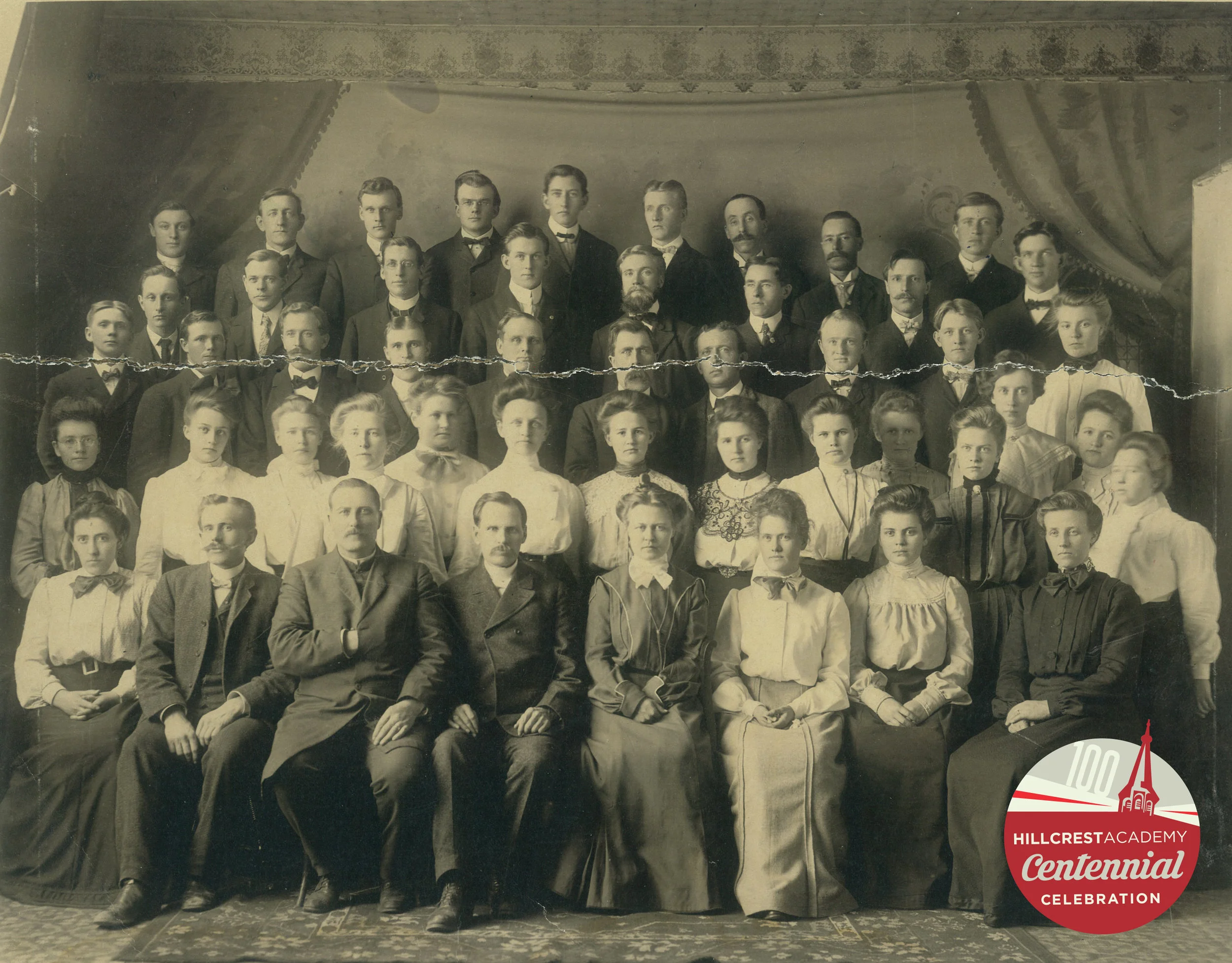 Professor E.M. Broen sits third from the left. Future Chinese missionary, Marie Harstad, stands first from the left in the second row. This is the student body for the Lutheran Brethren Bible School 1903-04