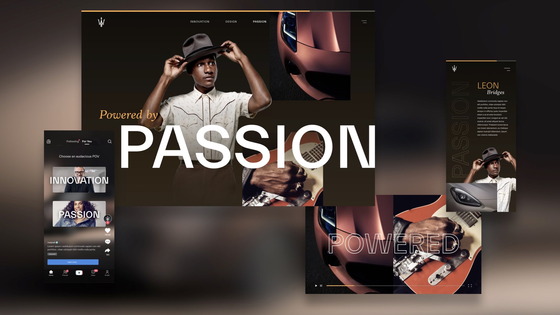 I created a campaign idea that connects the Maserati legacy to those who have been powered by passion (one of their brand pillars). Showcase brand ambassadors who move the world. In this example, I feature the musician Leon Bridges. The Maserati s