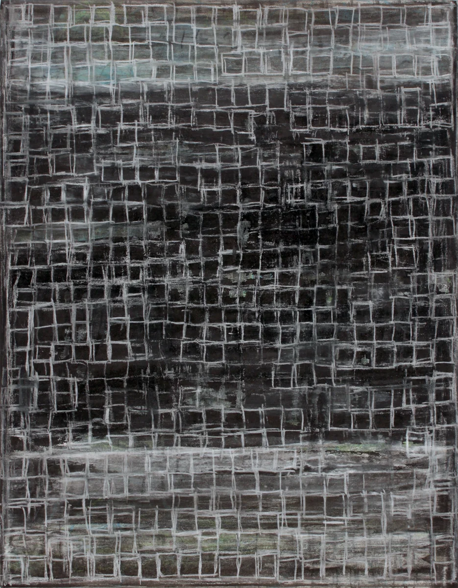 Net 2010 gouache, pencil, pastel, ink on paper mounted to panel, 14" x 11"