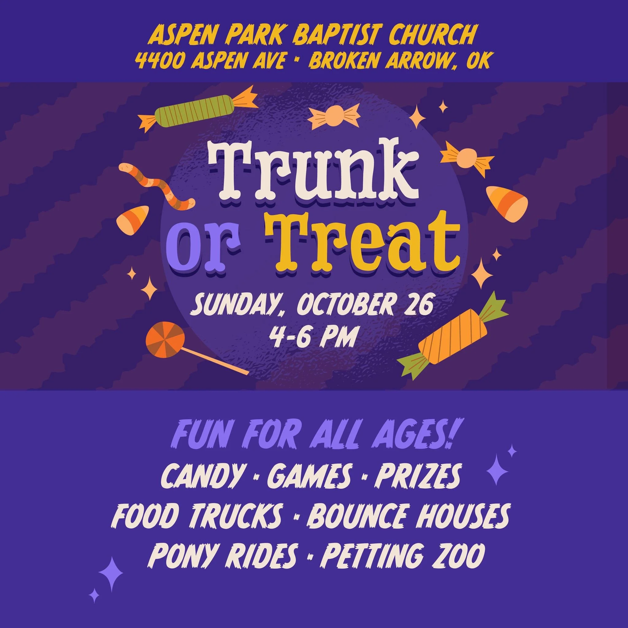 We&rsquo;re super excited to invite you to our Trunk or Treat at Aspen Park Church on Sunday, October 26th, from 4 to 6 PM! It&rsquo;s going to be a blast with games, prizes, lots of candy, and more fun stuff like face painting, bounce houses, pony r