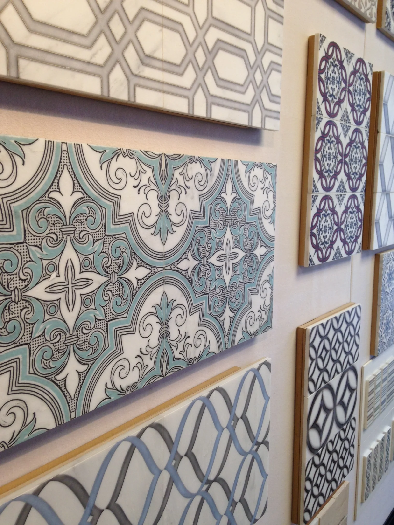 Come check out our new line of hand printed tile on Natural Stone. Available in a variety of colors, patterns and stones. 