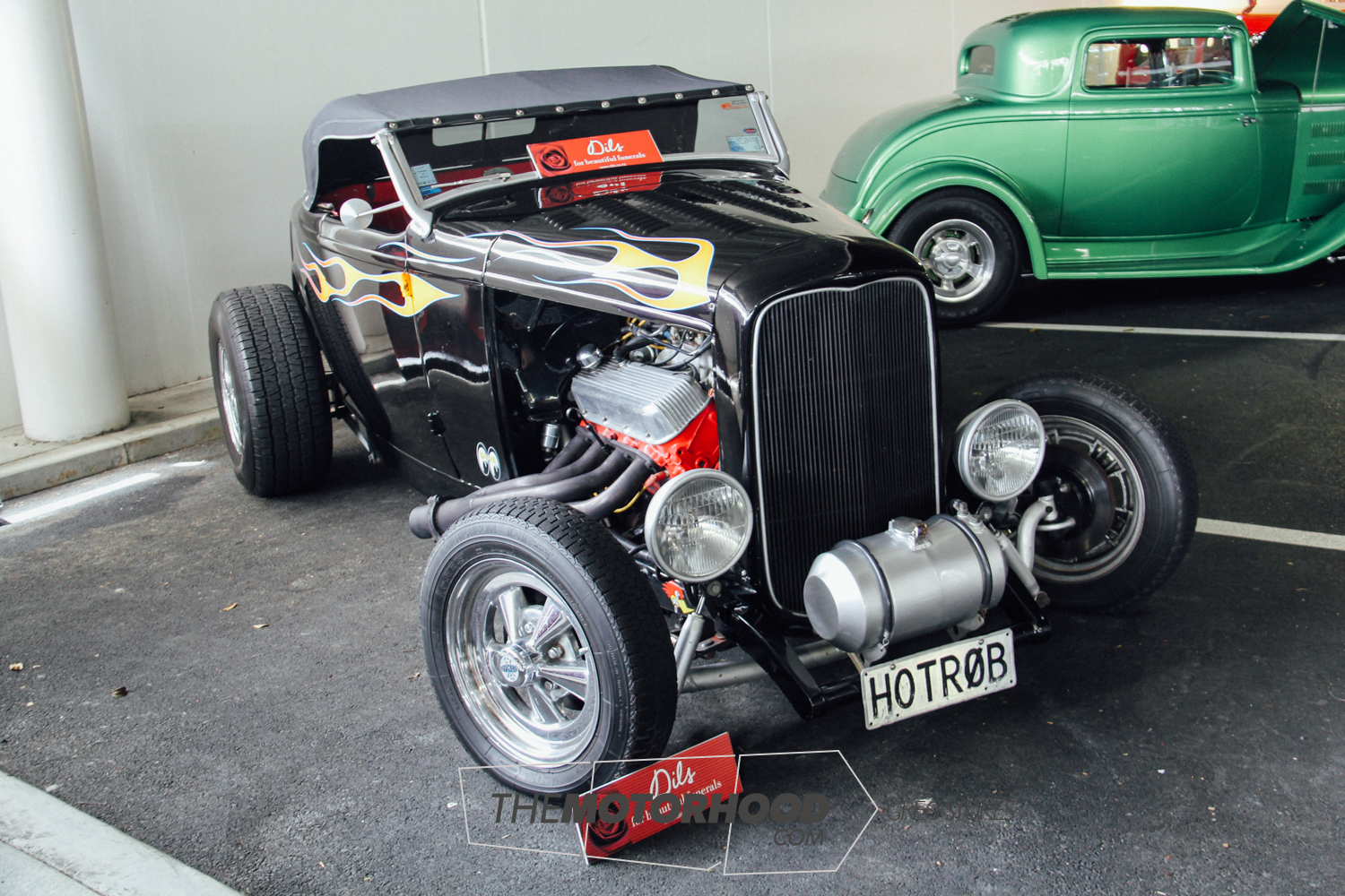    Rob Medemblik’s ’32 Ford Roadster is tough with a 427ci big block Chev and flames over black. Another classic hot rod roadster   