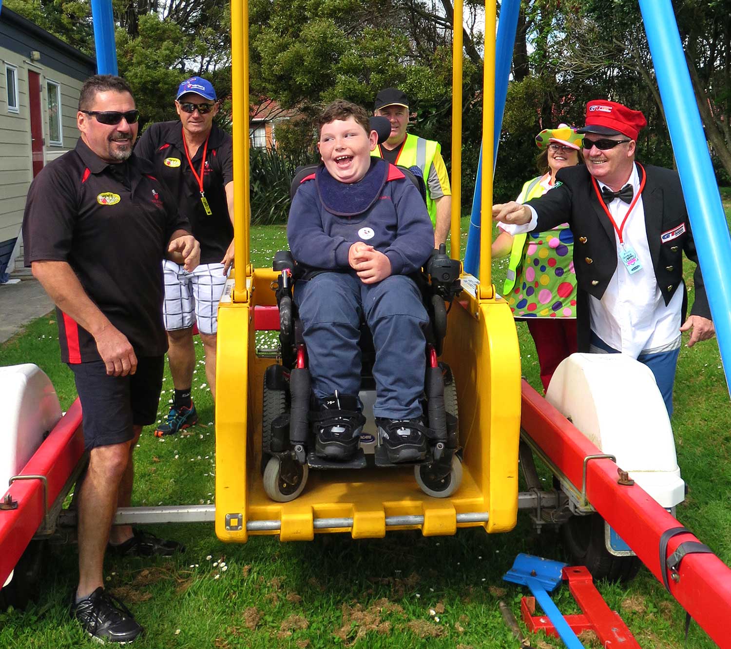 Silverdale’s Kaeleb Dovey tries out the Liberty Swing which Bashers donated to his Silverdale School
