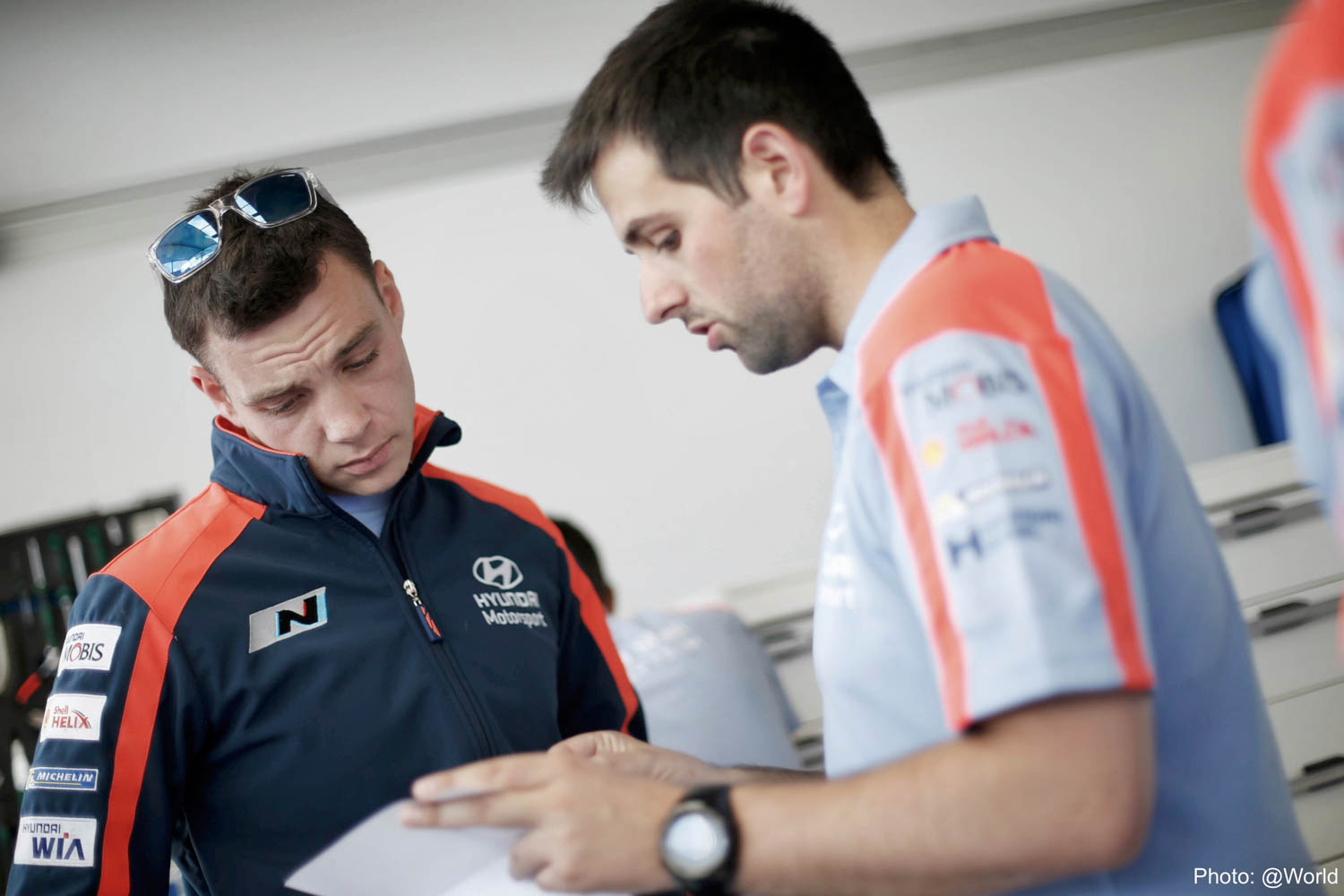 Hayden Paddon and engineer WRC Rally Poland shakedown Thursday_2 Vettas Media.jpg