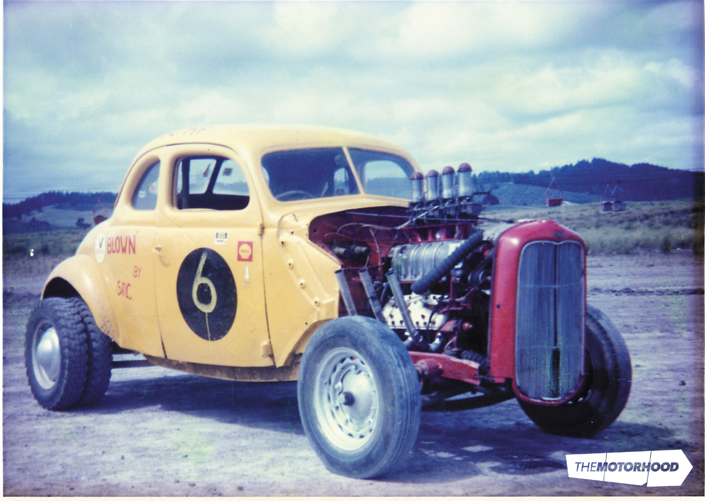 A serious piece of kit — Peter's '37 coupe with GMC blower and dual tyres on the rear. Pictured here at Kopuku where he set the fastest time at the first official New Zealand drag racing meet, 1966 (Photo: Peter Lodge collection)