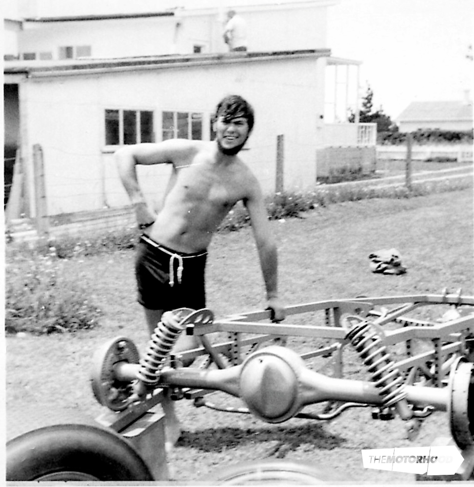 Looking ahead to part two of our story — this photo taken in early 1968 sees a proud Peter posing in his backyard beside the completed chassis of what will become Baloo (Photo: Peter Lodge collection)