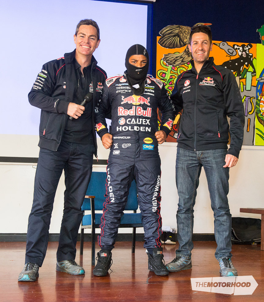 Ofa Tonga with Craig Lowndes (left) and Jamie Whincup (right), finds out what it’s like to kit up like a V8 Supercar driver