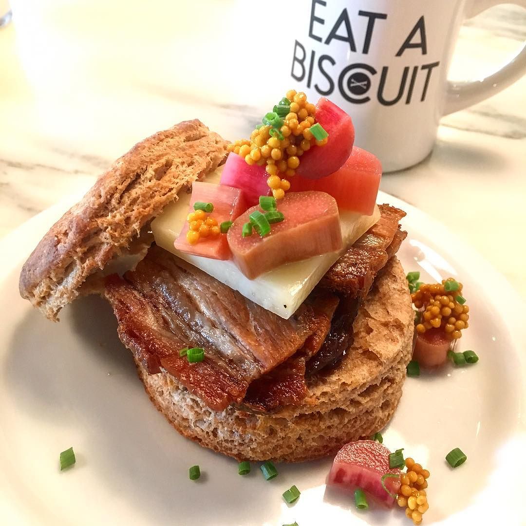 Bacon du jour biscuit from Alabama biscuit company! #alabamabiscuitco #eatabiscuit #bacon #pickledrhubarb #birmingham