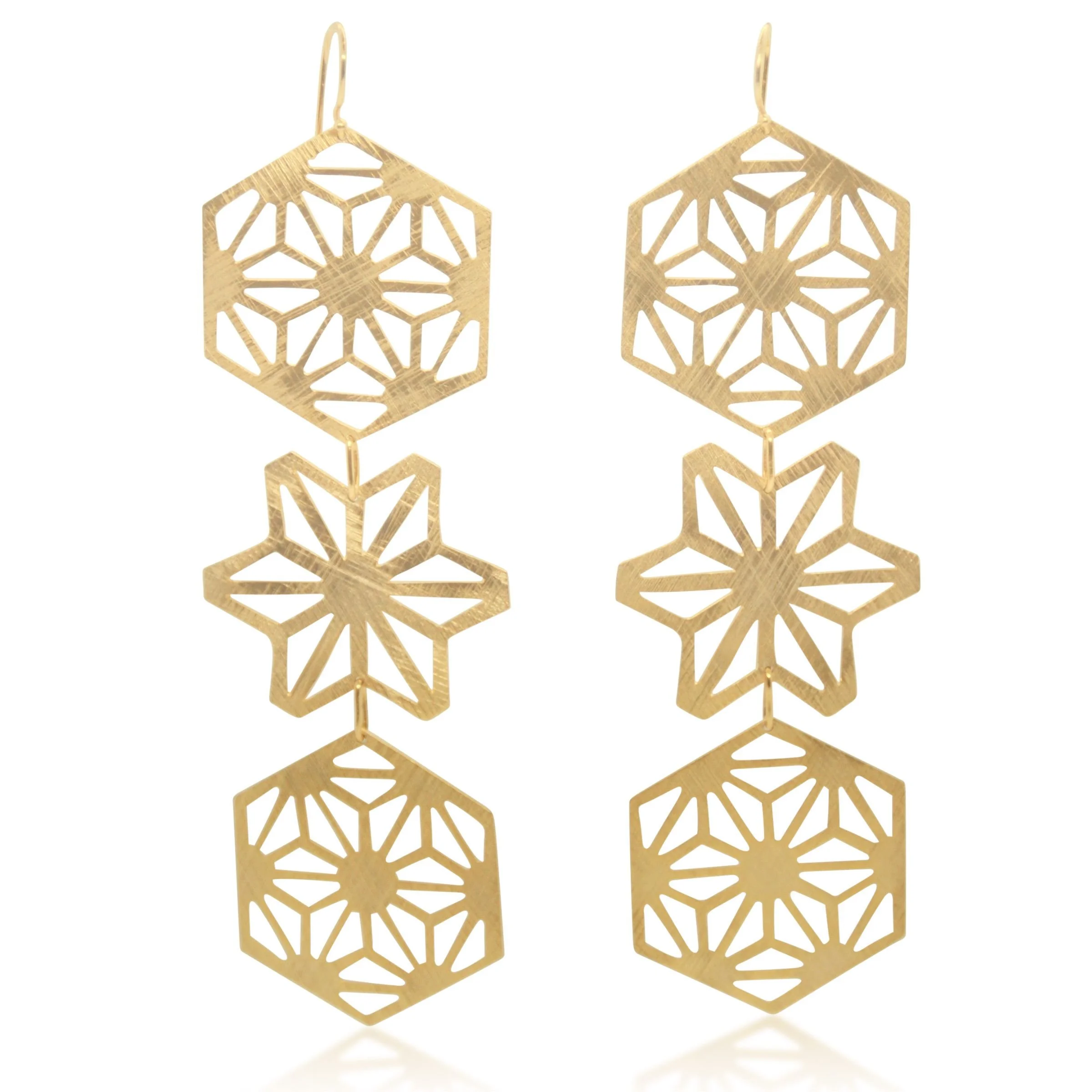 Pair of handcrafted EatMetal 22k gold overlay brass Asanoha triple geometric drop earrings showing the satin-brushed, cross-hatched texture and ear wires.
