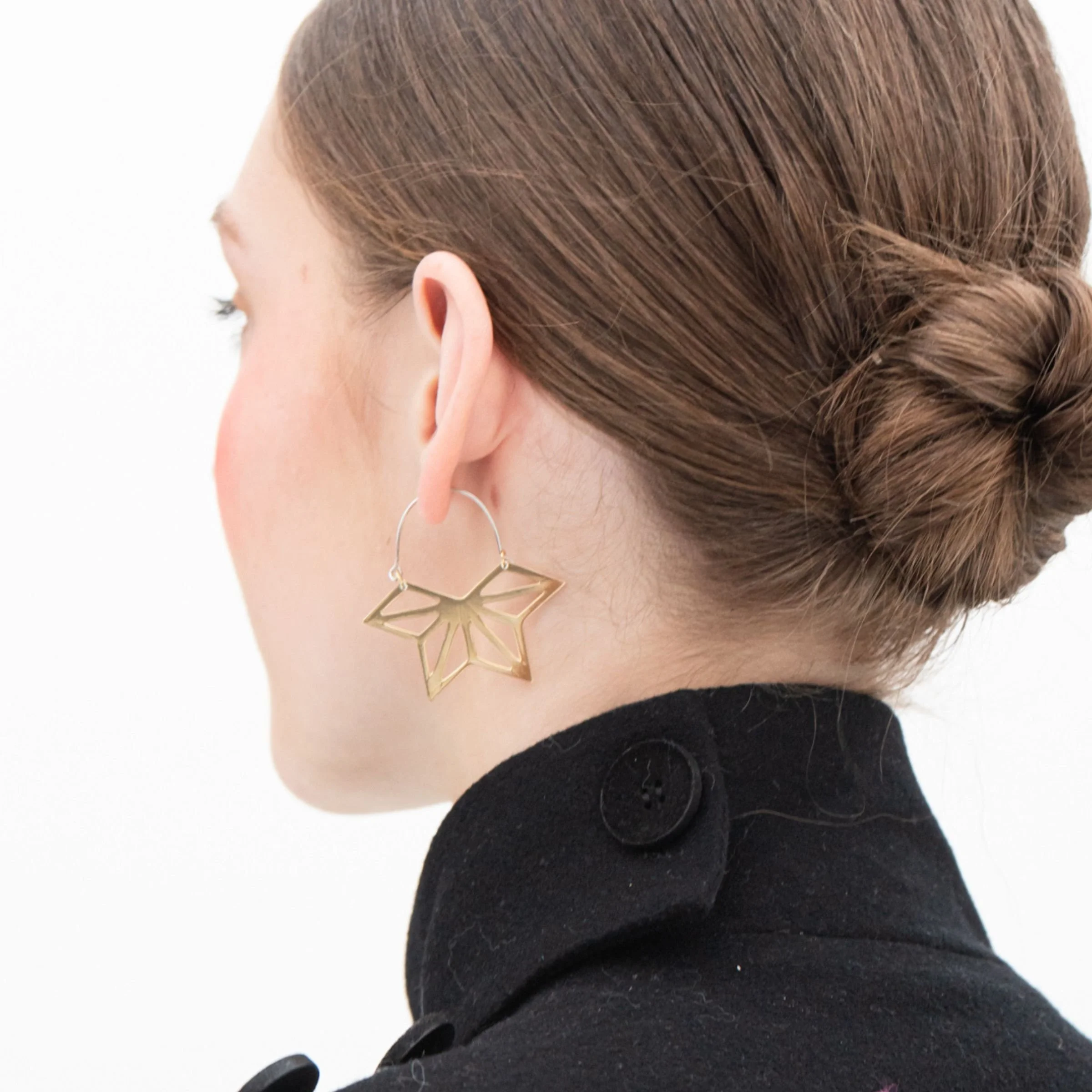 Pair of EatMetal handcrafted Hemi-Asanoha geometric hoop earrings in 22k gold overlay brass with satin-brushed cross-hatched texture.